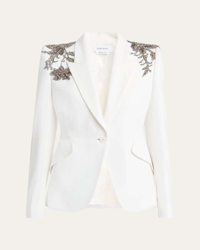 Crystal Embellished Shoulder Single-Breasted Blazer